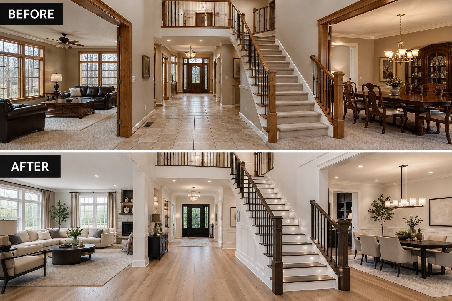 Before and after flooring and interior finishes transformation