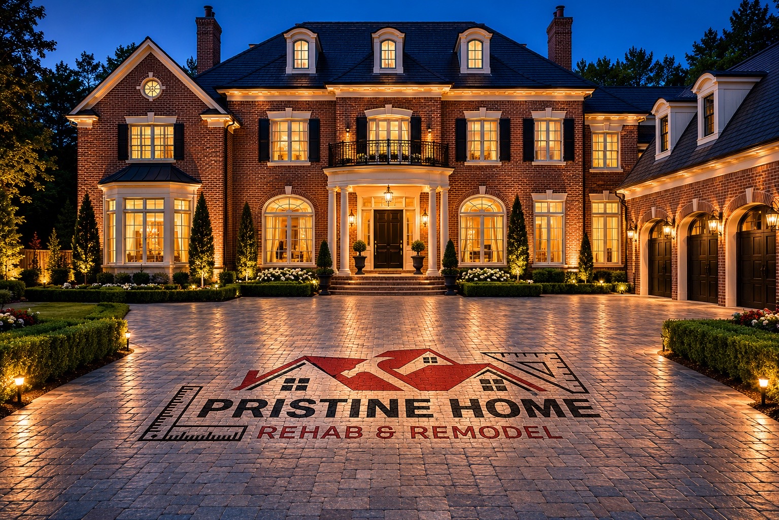Luxury brick home exterior at dusk