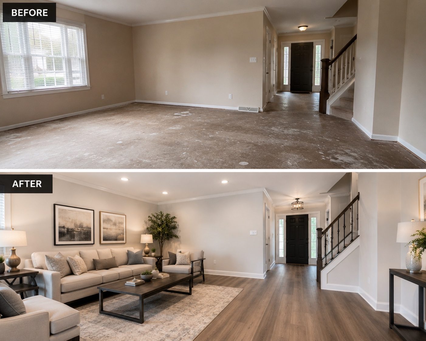 Flooring and interior finishes before and after transformation