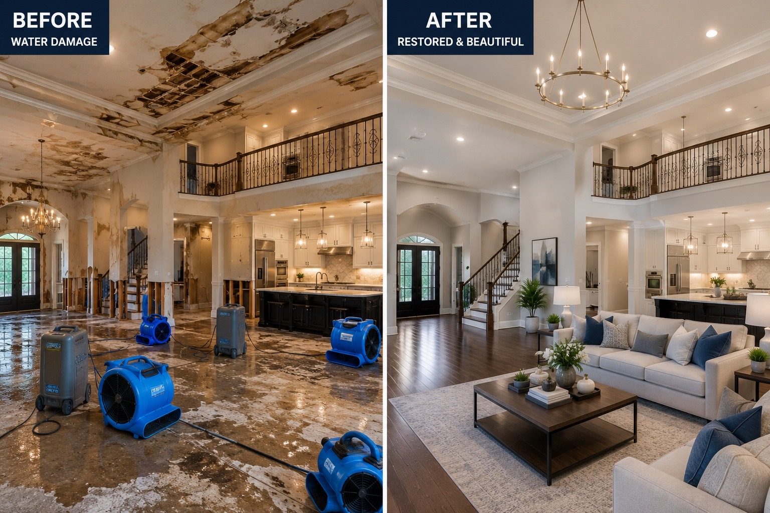 Water damage restoration before and after transformation