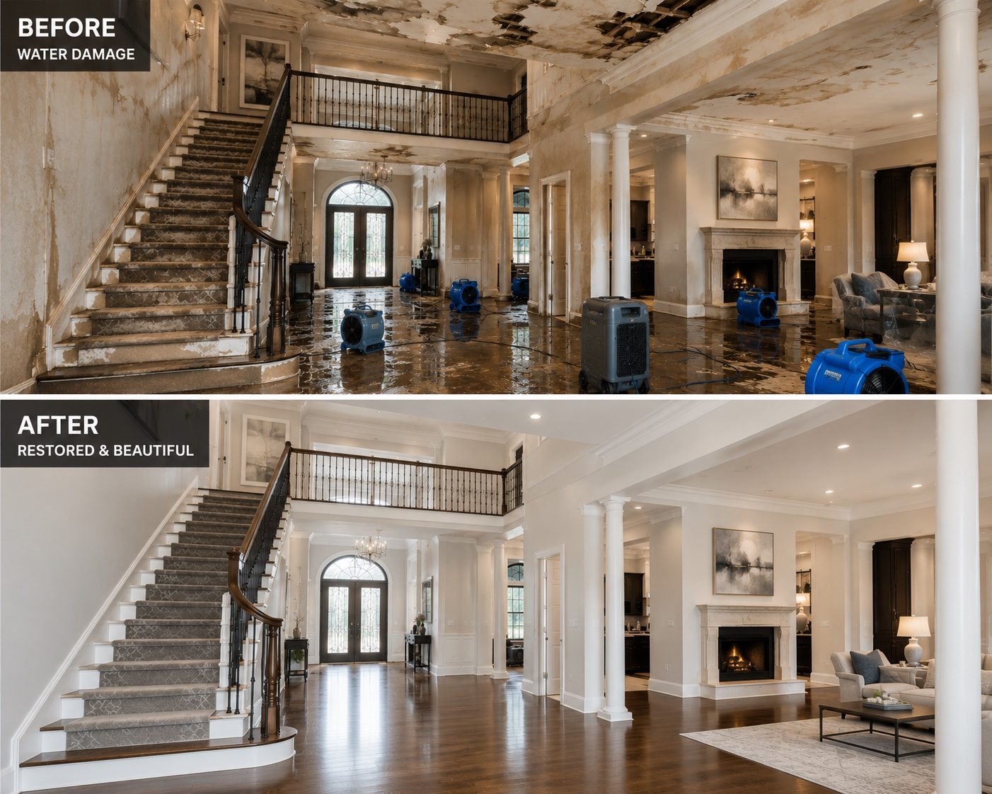 Water damage before and after restoration project